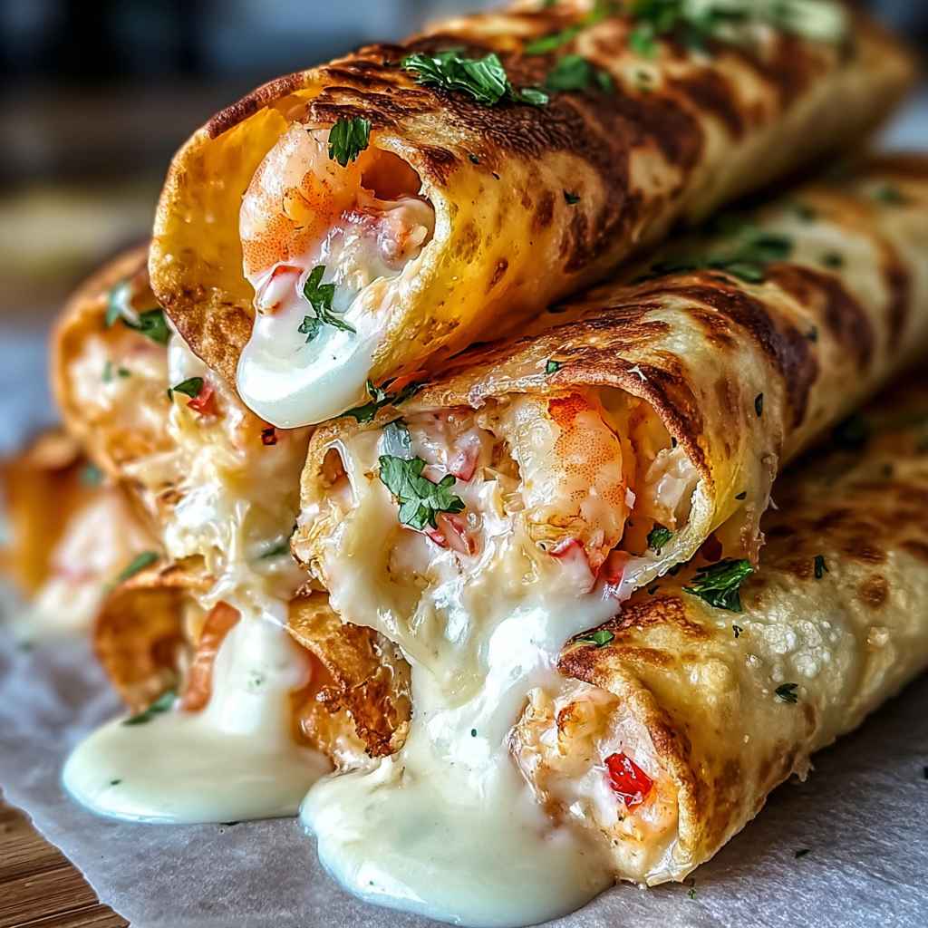 Crab and Shrimp Queso Taquitos - tender flaky seafood with a vibrant golden-seared finish with sliced green onions and sesame seeds