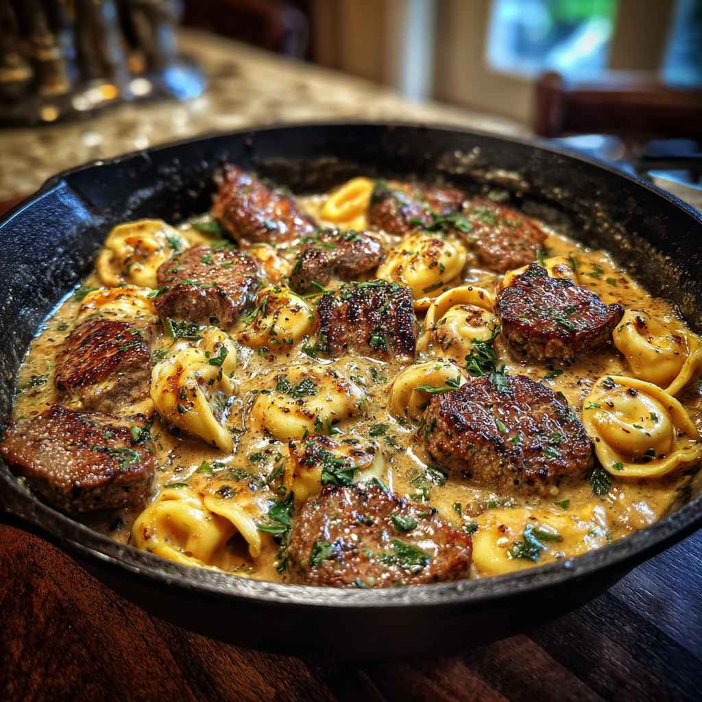 Cracked Garlic Steak Tortellini in Creamhouse Sauce Bliss - effervescent bubbling finish over clear ice cubes with a fresh citrus wheel and fragrant mint sprig