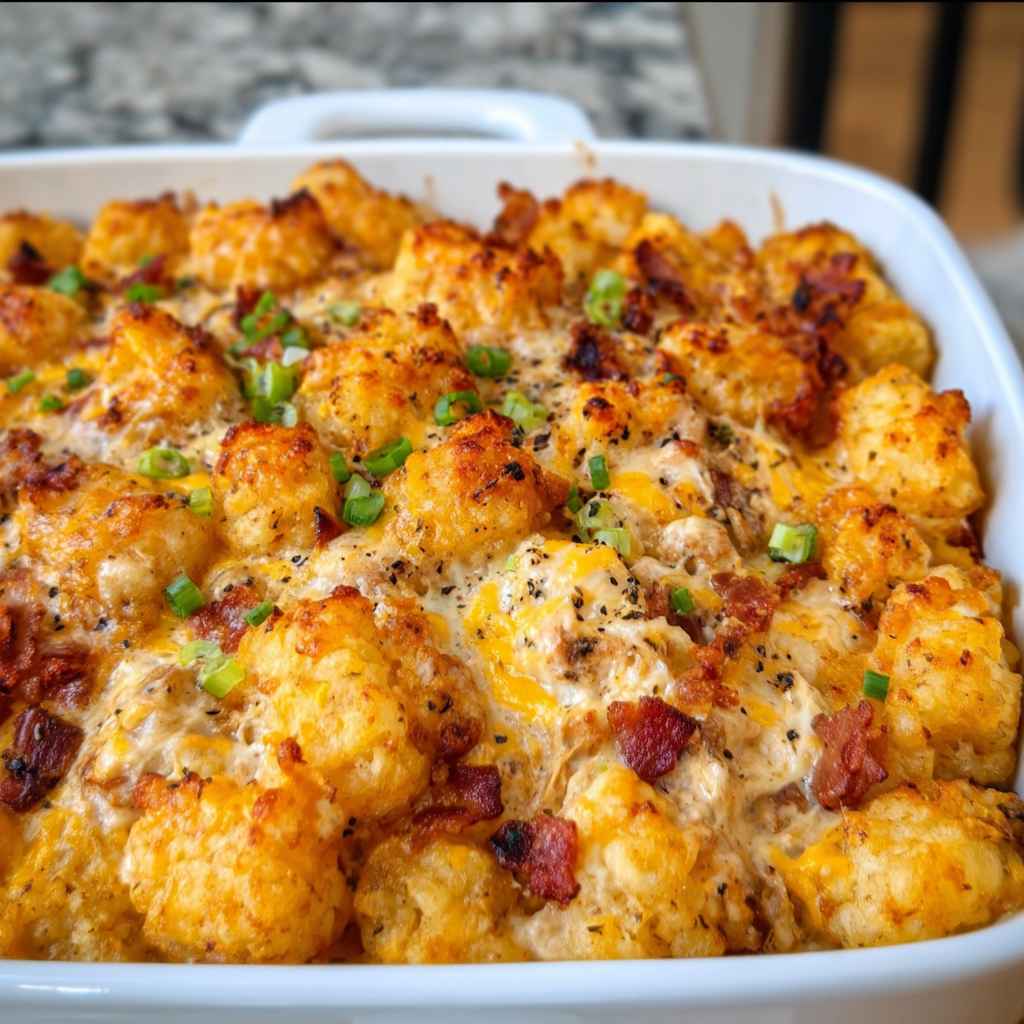 Cracked Out Chicken Tater Tot Casserole - succulent simmered chicken smothered in rich pan sauce with fresh rosemary sprigs and pan drippings
