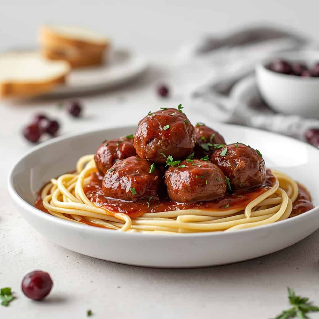 Cranberry Meatballs Recipe - seared caramelized crust with juicy tender interior with chopped scallions and toasted sesame seeds