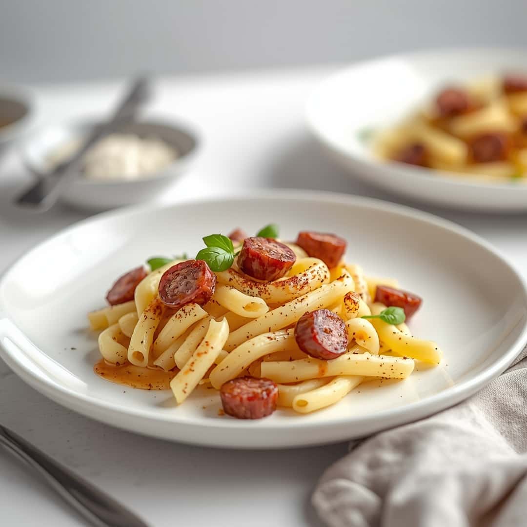 Cream Cheese Smoked Sausage Pasta - golden baked melted cheese crust with saucy edges with freshly grated Parmigiano-Reggiano and torn basil