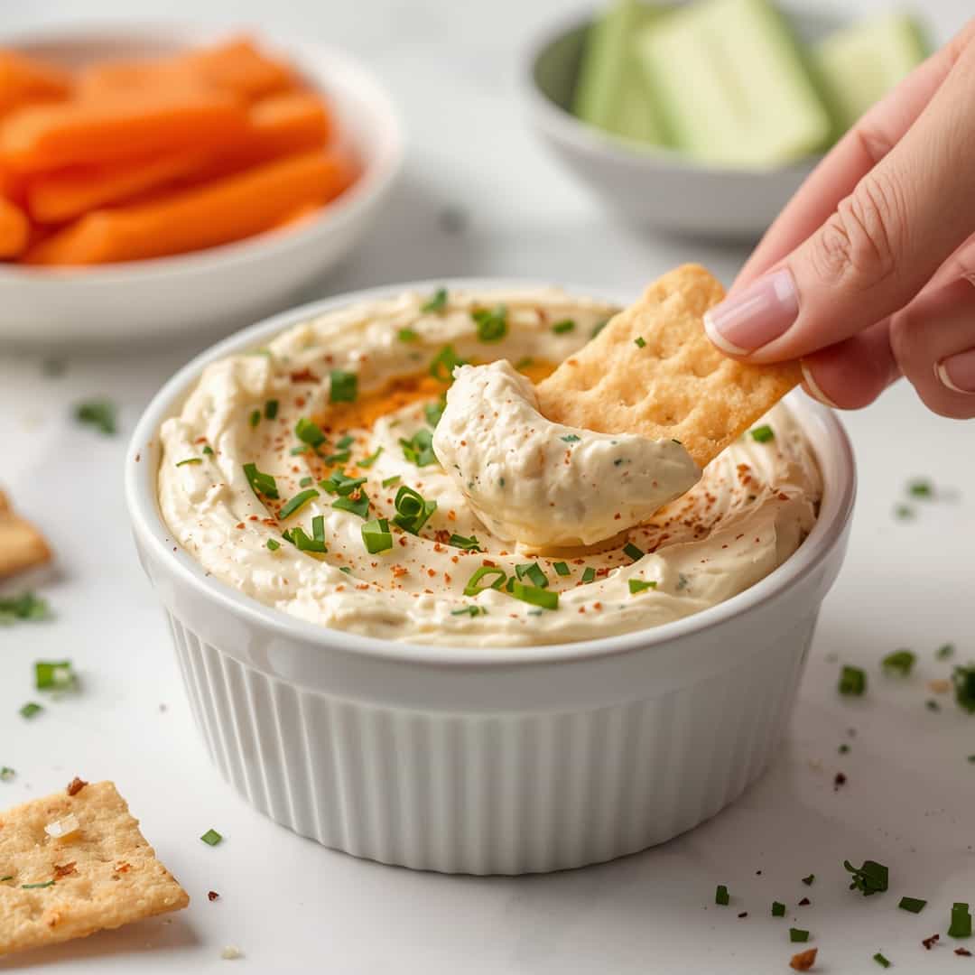 Cream Cheese Warm Crack Dip - smooth creamy dipping consistency with baked bubbly top with chopped parsley and grated cheese