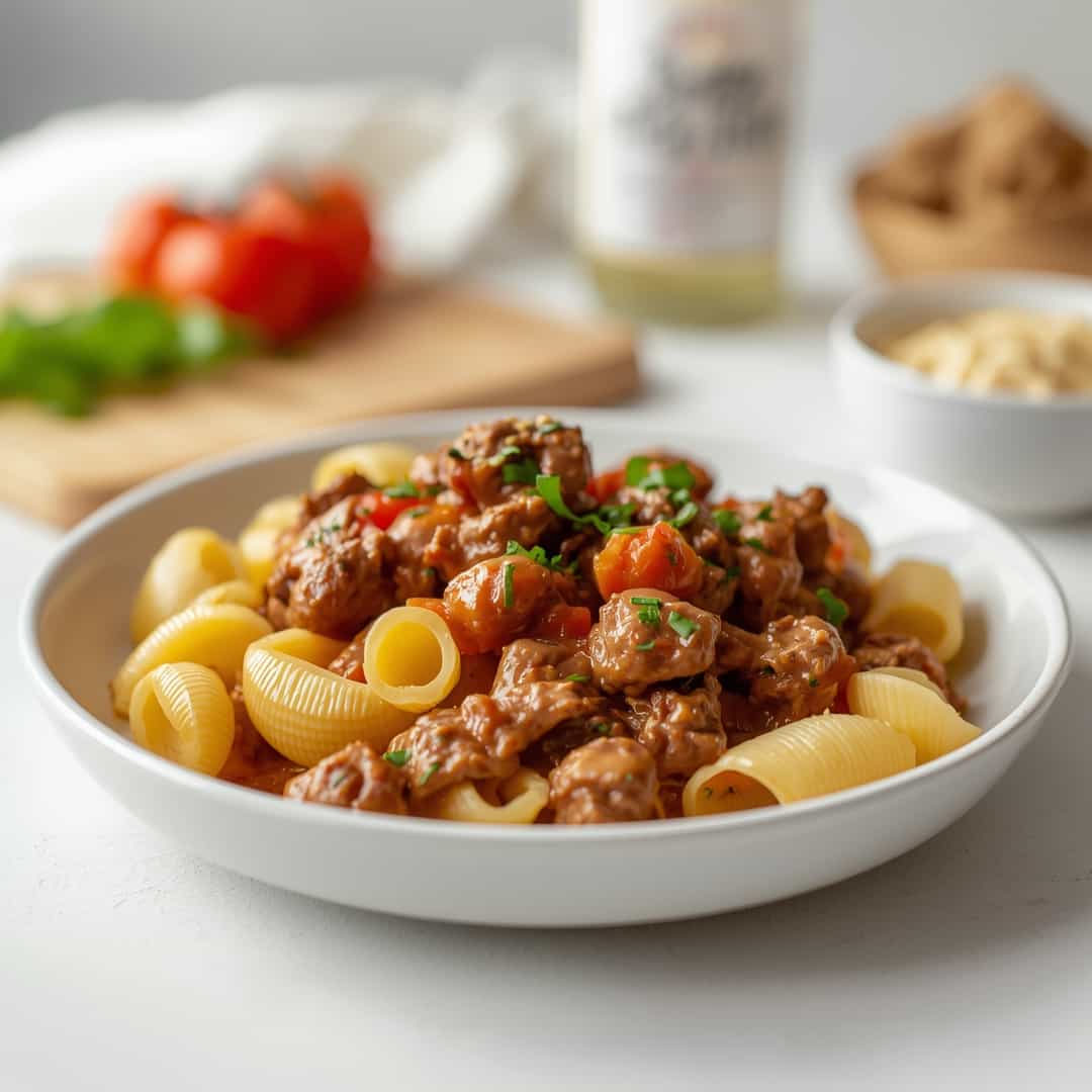 Creamy Beef and Shells - seared caramelized crust with juicy tender interior with chopped scallions and toasted sesame seeds