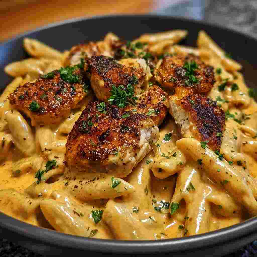 Creamy Cajun Chicken Pasta - tender pasta pockets smothered in rich flavorful sauce with chopped flat-leaf parsley and red pepper flakes