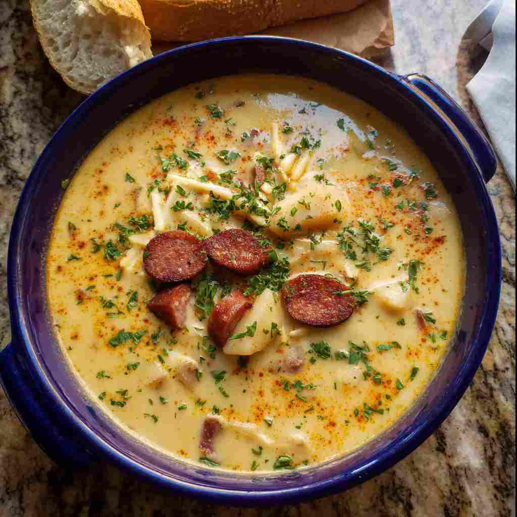 Creamy Cajun Potato Soup - rich hearty simmer with deep aromatic color with grated aged Parmesan and crunchy croutons