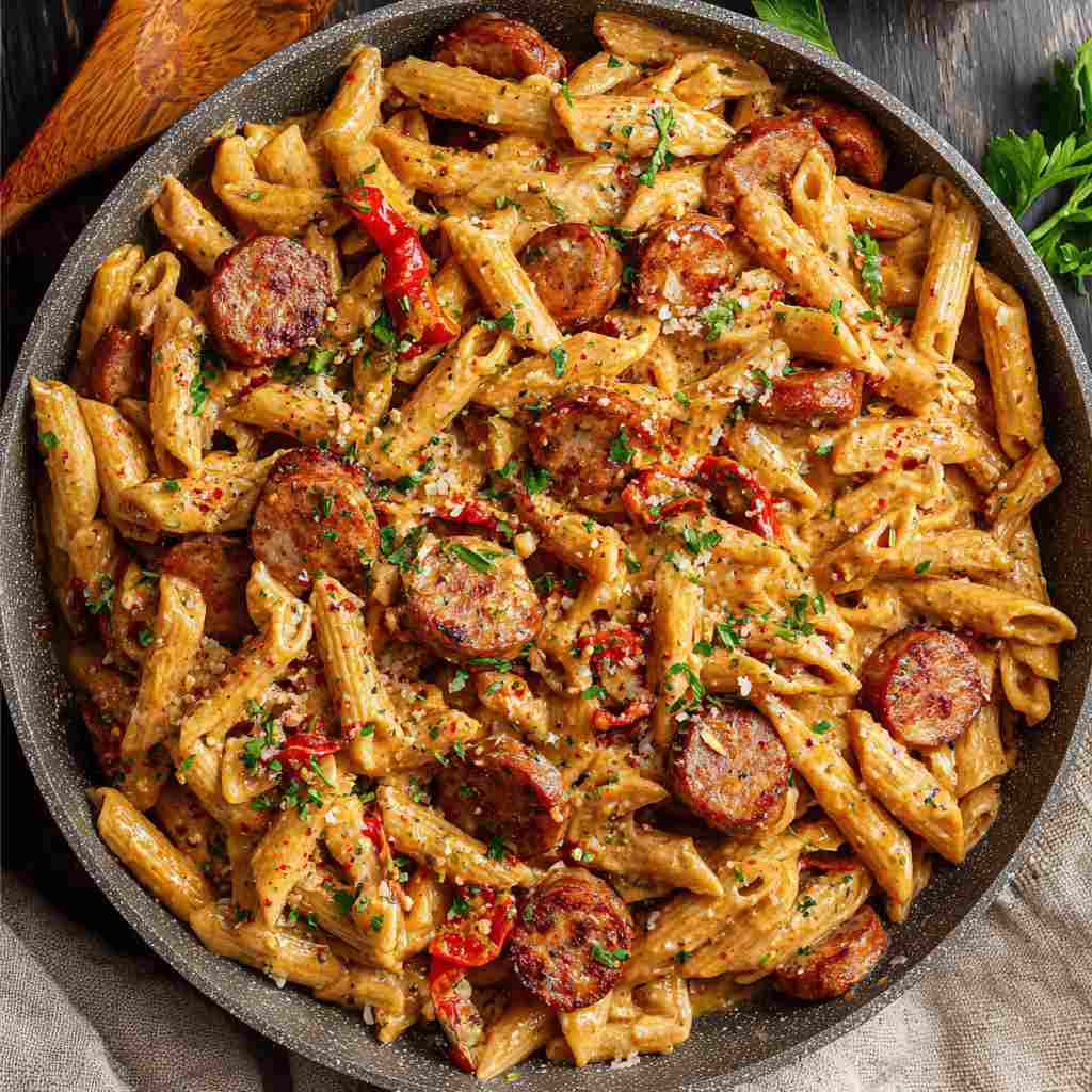 Creamy Cajun Sausage Pasta - al dente pasta ribbons coated in a silky with cracked black pepper and olive oil drizzle