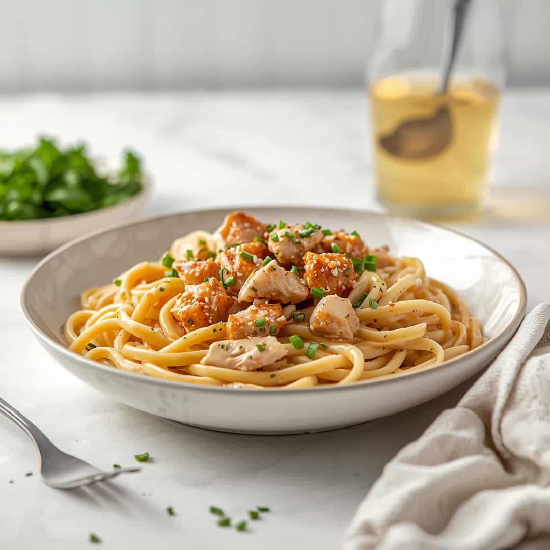 Creamy Chicken Pasta - golden baked melted cheese crust with saucy edges with freshly grated Parmigiano-Reggiano and torn basil