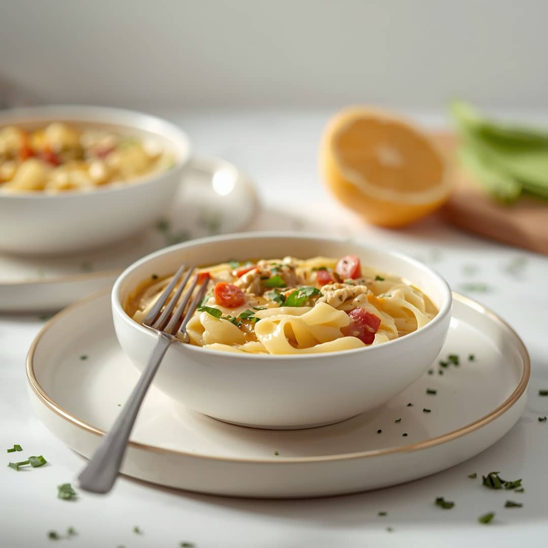Creamy Chicken Pot Pie Noodles - rich velvety layer with crisp golden edges with a delicate dusting of powdered sugar