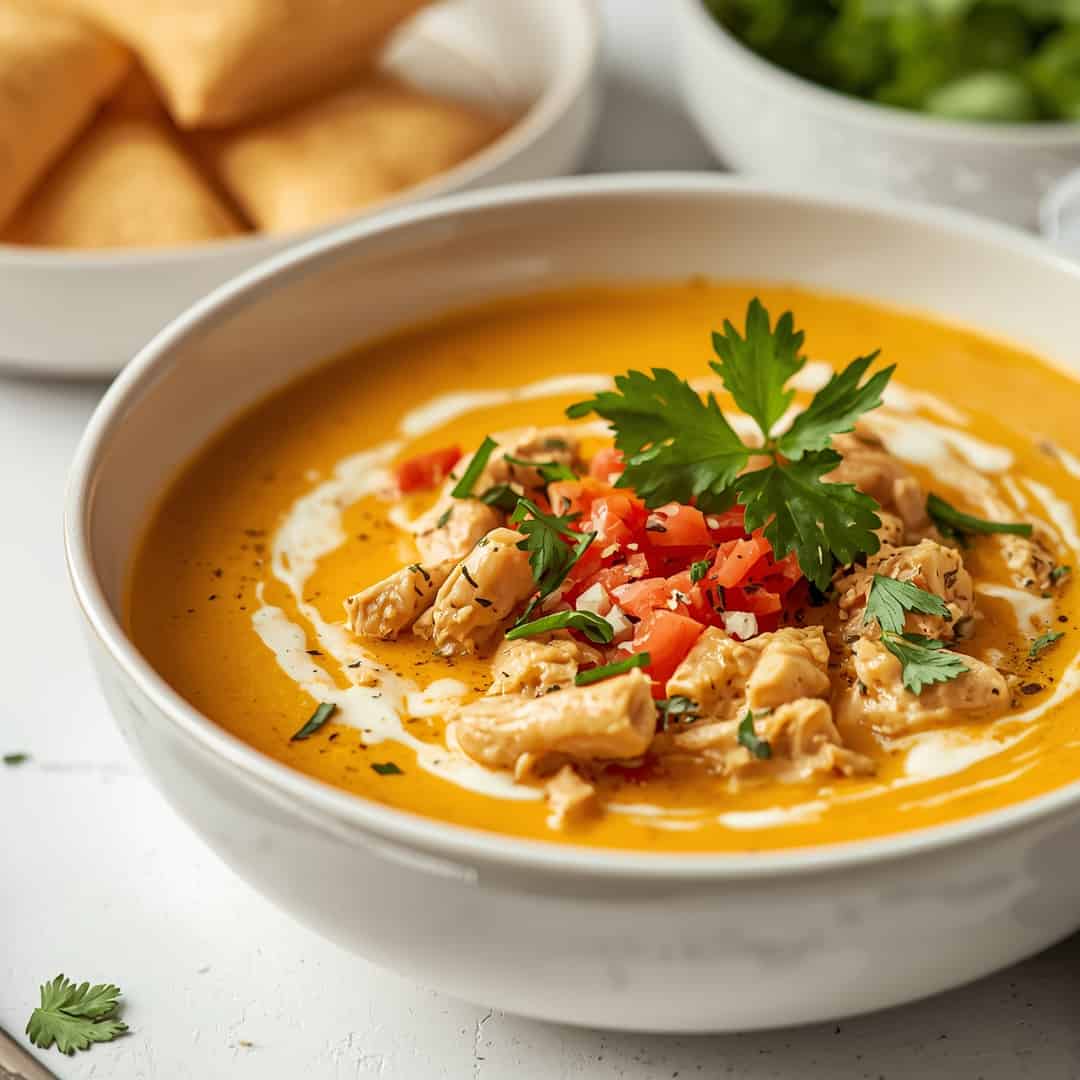 Creamy Chicken Tortilla Soup - steaming with a swirl of cream and cracked black pepper