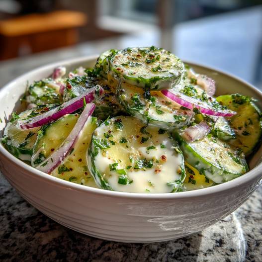 Creamy Cucumber Salad - delicate fresh leaves tossed with vibrant seasonal toppings with shaved radishes and fresh herbs