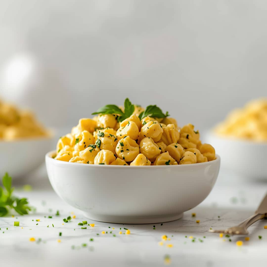 Creamy Deviled Egg Macaroni Salad - delicate fresh leaves tossed with vibrant seasonal toppings with a light drizzle of vinaigrette