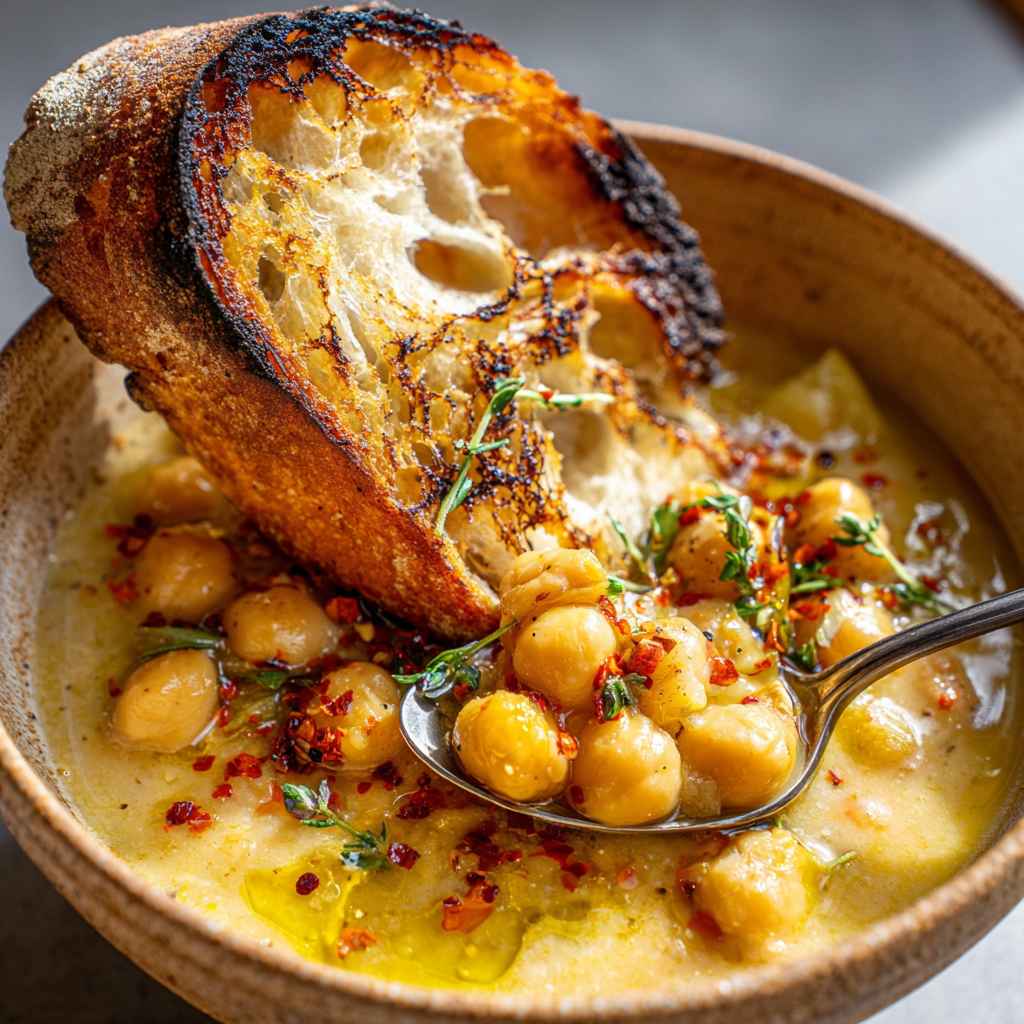 Creamy Garlic Chickpea Soup - thick with thinly sliced fresh scallions