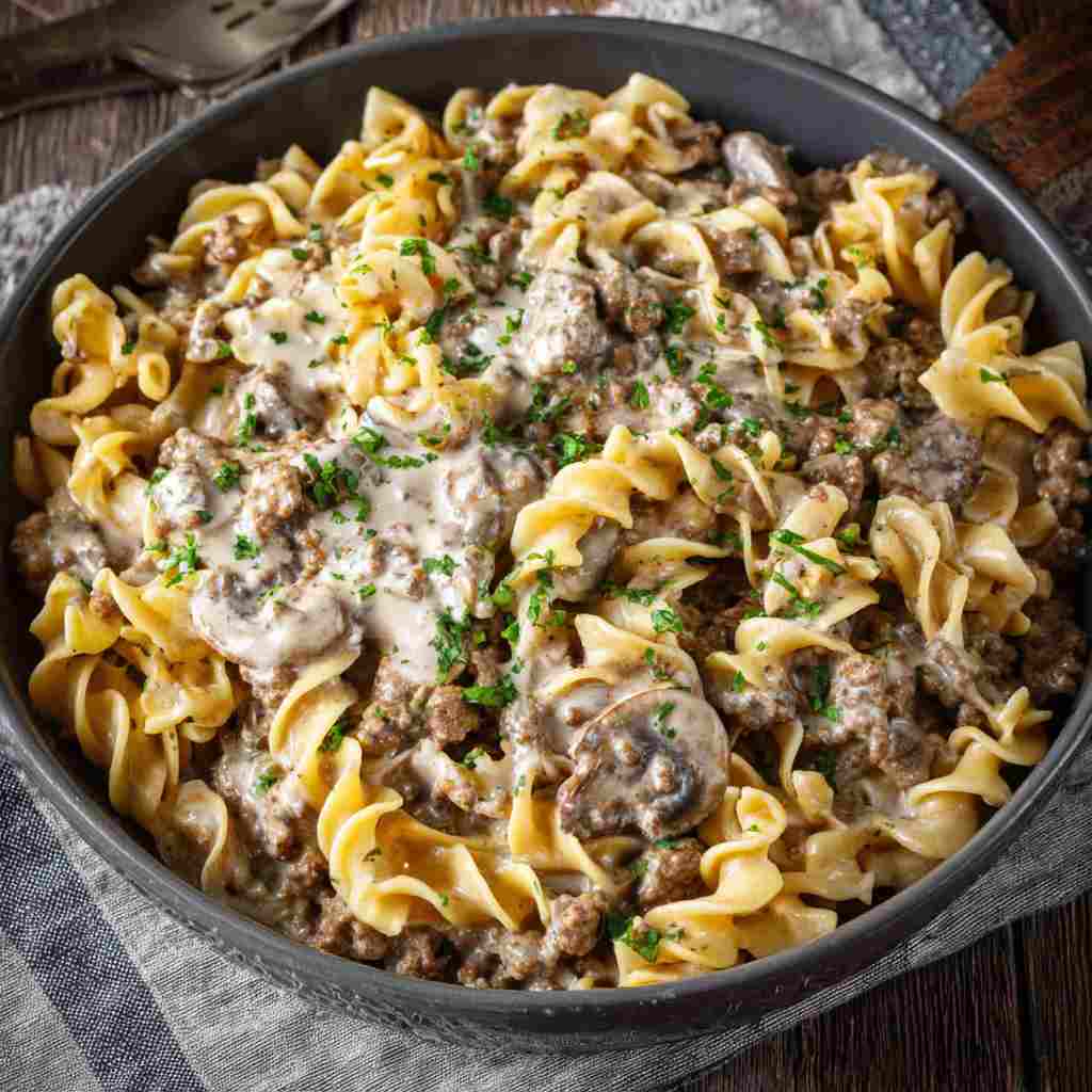 Creamy Ground Beef Stroganoff - seared caramelized crust with juicy tender interior with chopped scallions and toasted sesame seeds