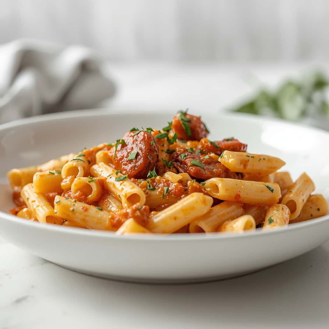 Creamy Italian Sausage Rigatoni Recipe - seared caramelized crust with juicy tender interior with chopped scallions and toasted sesame seeds