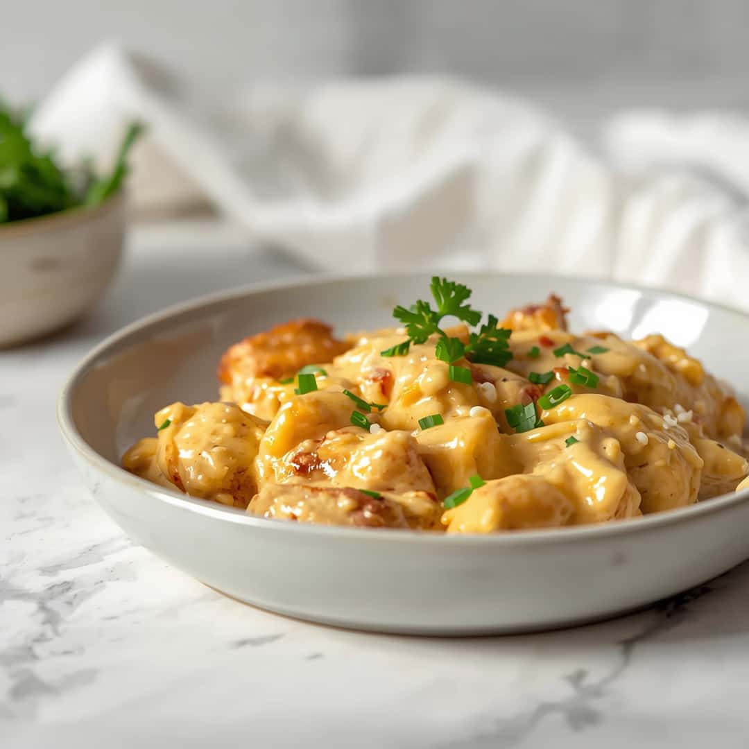 Creamy Low Carb Chicken Casserole - tender with chopped chives and lemon slices