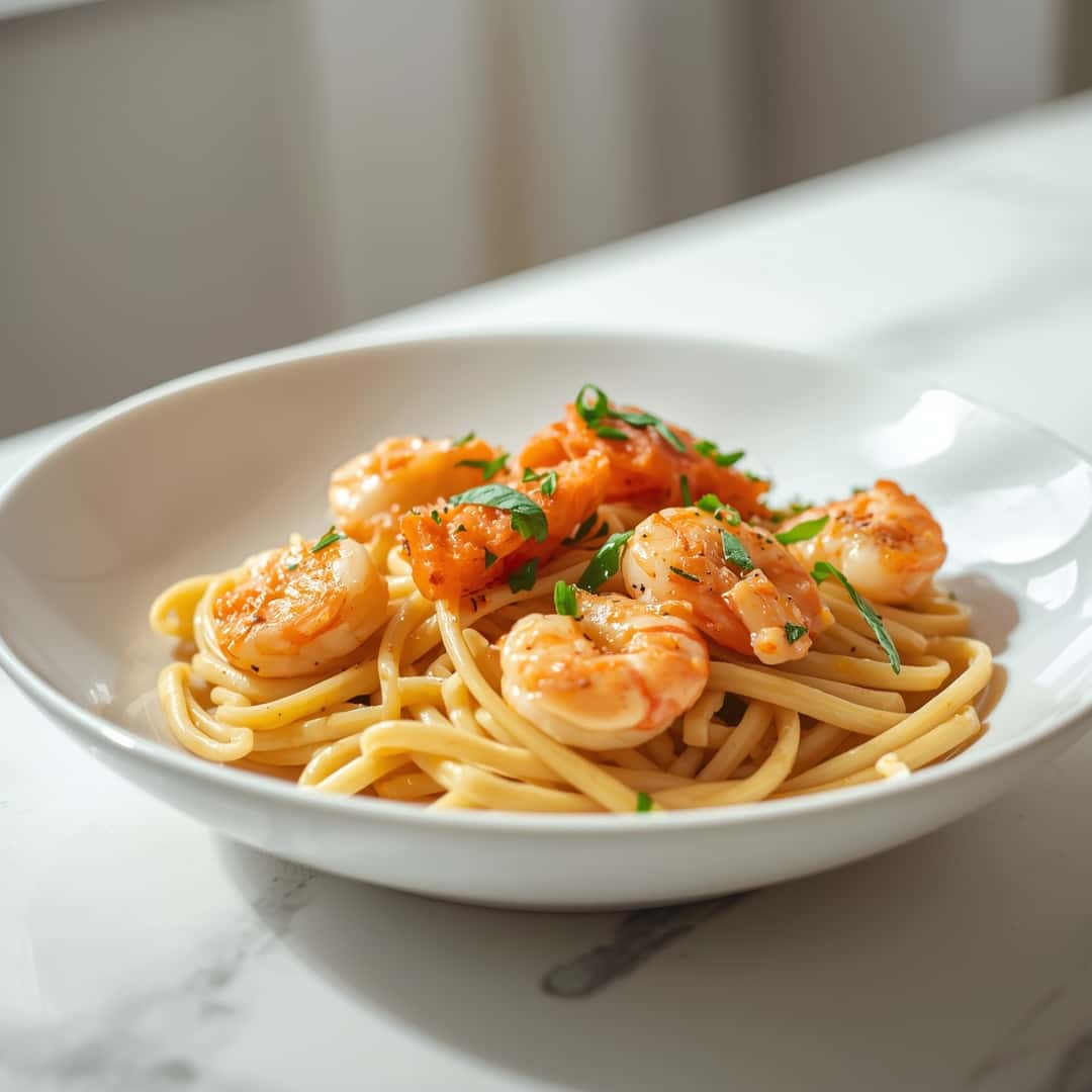 Creamy Marry Me Shrimp Pasta - al dente pasta ribbons coated in a silky with cracked black pepper and olive oil drizzle