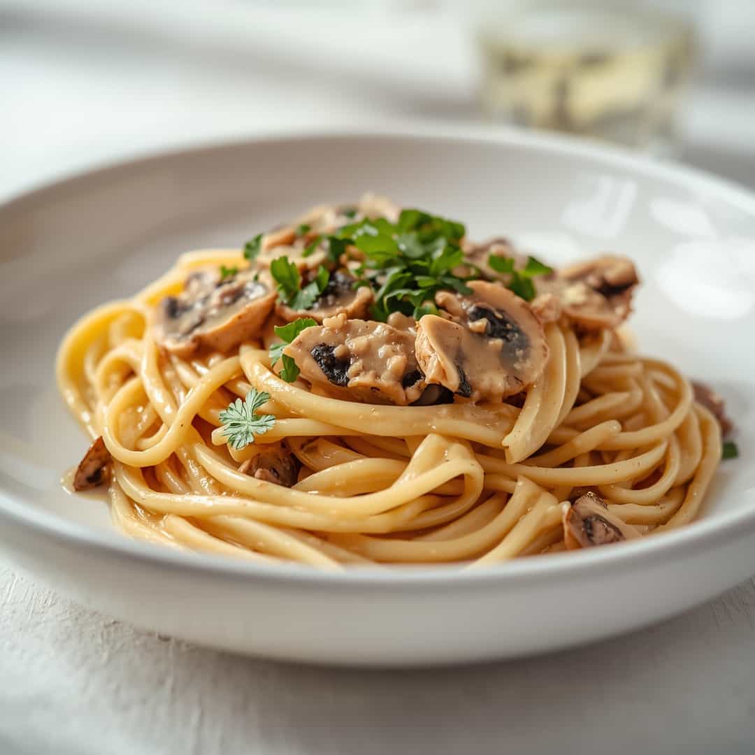 Creamy Oyster Mushroom Pasta - golden baked melted cheese crust with saucy edges with freshly grated Parmigiano-Reggiano and torn basil
