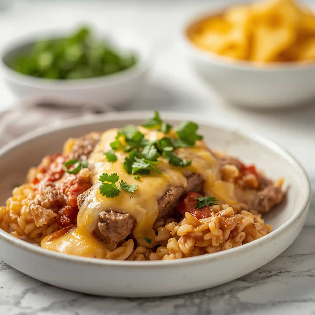 Creamy Queso Rice Steak Strips - smooth creamy blended texture with rich froth with a fresh citrus wheel and fragrant mint sprig