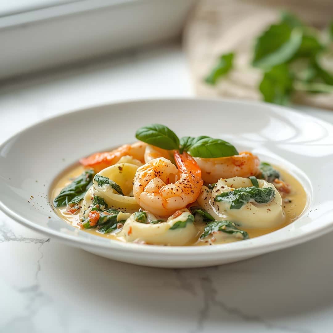Creamy Shrimp and Spinach Tortellini - al dente pasta ribbons coated in a silky with cracked black pepper and olive oil drizzle