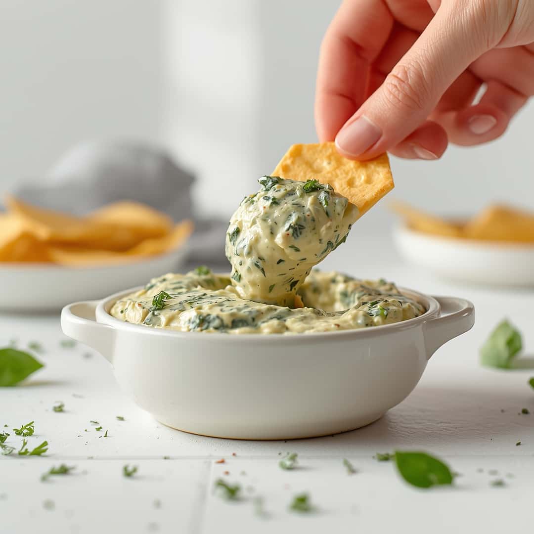 Creamy Spinach Artichoke Dip - smooth creamy dipping consistency with baked bubbly top with chopped parsley and grated cheese