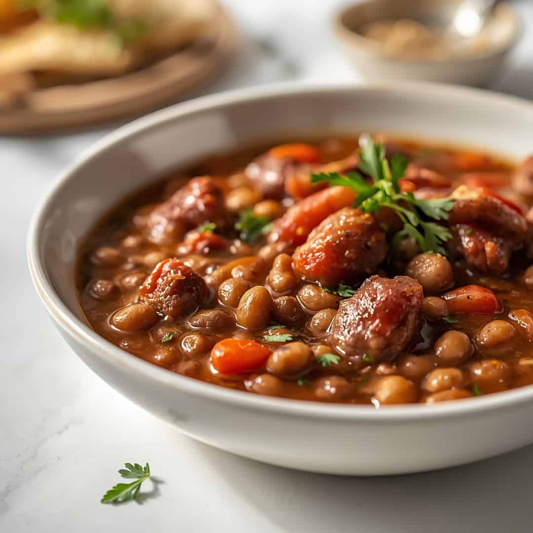 Creole black eyed pea gumbo - homemade dish showcasing wholesome fresh ingredients with microgreens and lemon zest