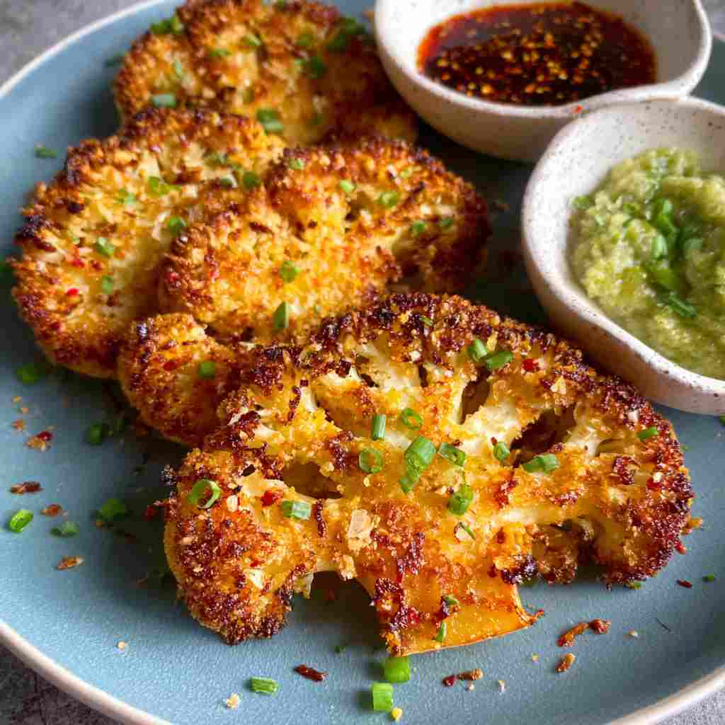 Crispy Baked Cauliflower Steaks - moist with a dollop of whipped topping