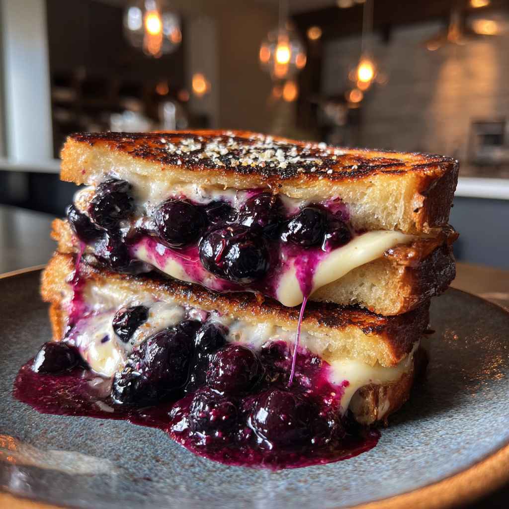 Crispy Blueberry Grilled Cheese - rich velvety layer with crisp golden edges with a delicate dusting of powdered sugar