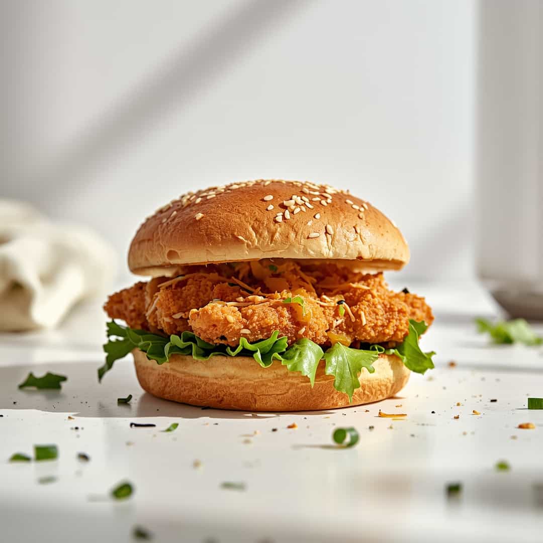 Crispy Chicken Sandwich Recipe - delicate flaky crust with warm caramelized edges with fresh garden berries and mint