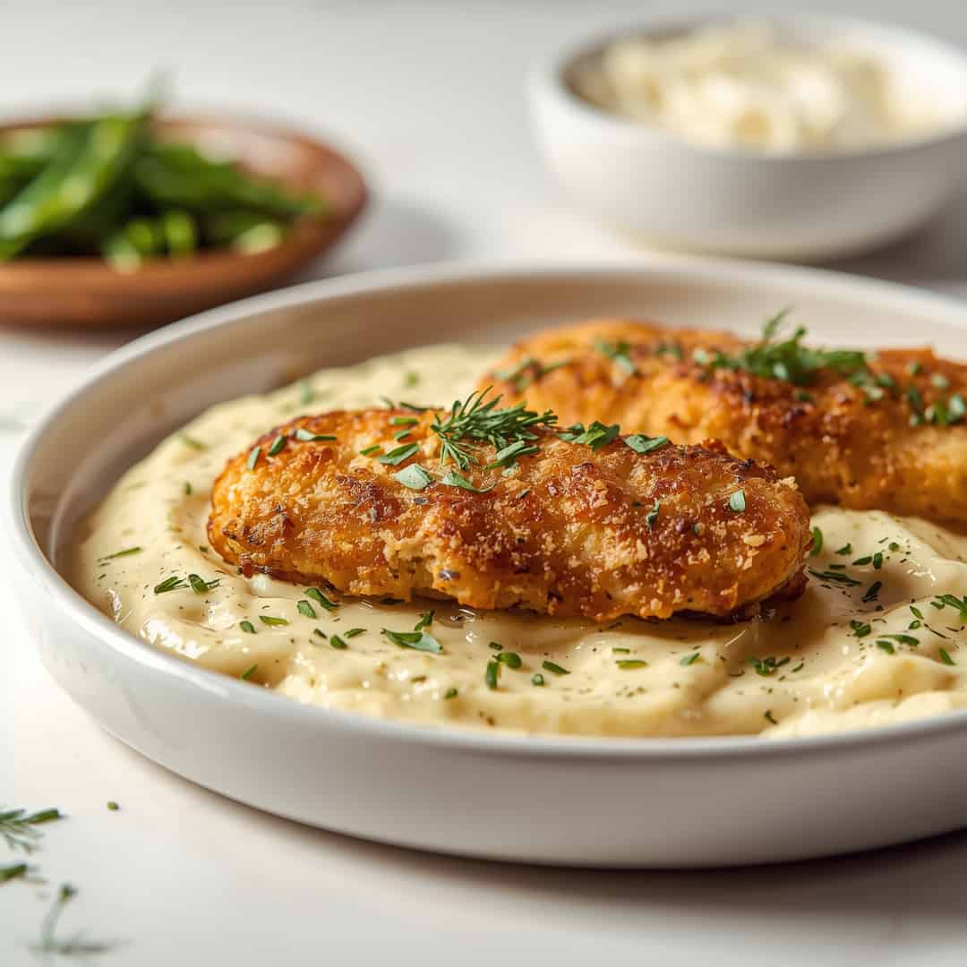 Crispy Dill Pickle Parmesan Chicken - moist with a dollop of whipped topping