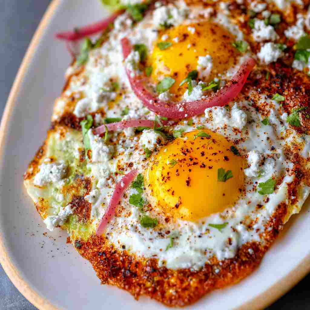 Crispy Feta Fried Eggs - delicate flaky crust with warm caramelized edges with fresh garden berries and mint