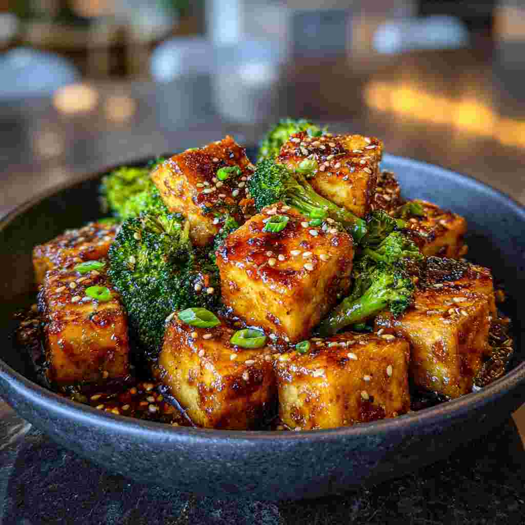 Crispy Honey Garlic Tofu - moist with a dollop of whipped topping