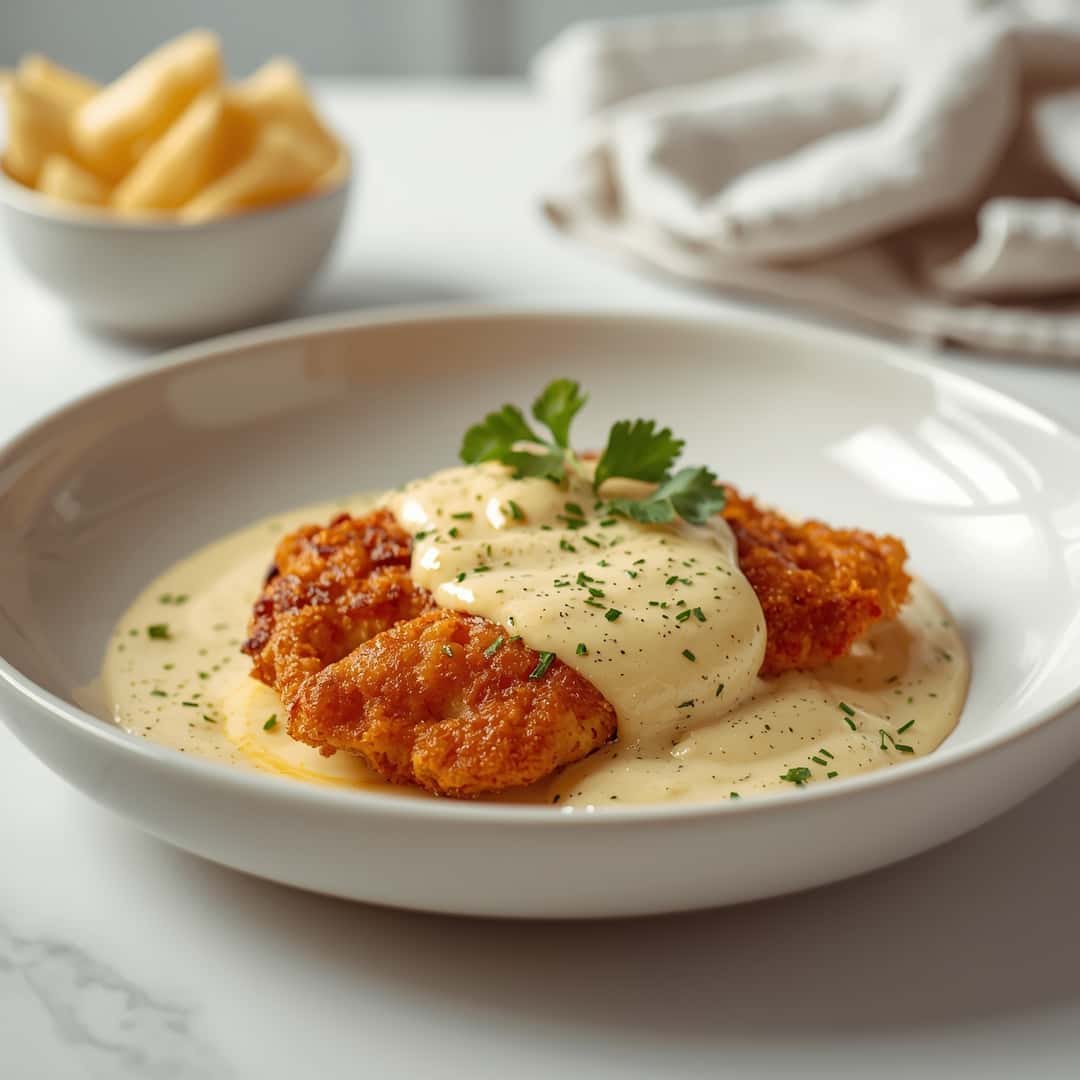 Crispy Parmesan Chicken Garlic Sauce - moist with a dollop of whipped topping