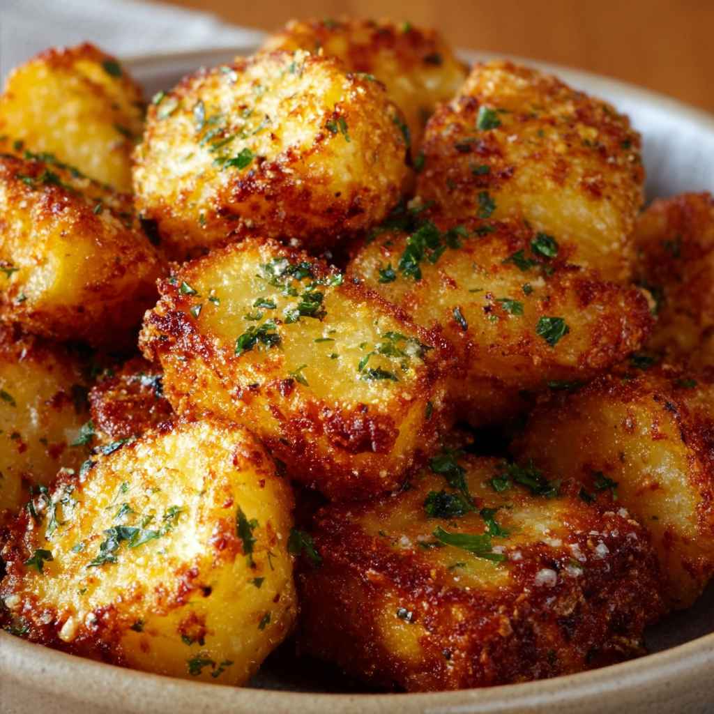 Crispy Parmesan Potatoes Recipe - delicate flaky crust with warm caramelized edges with fresh garden berries and mint