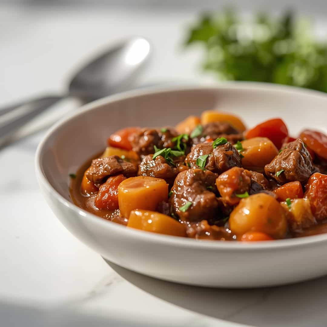 Crock Pot Beef Stew - rich hearty simmer with deep aromatic color with grated aged Parmesan and crunchy croutons