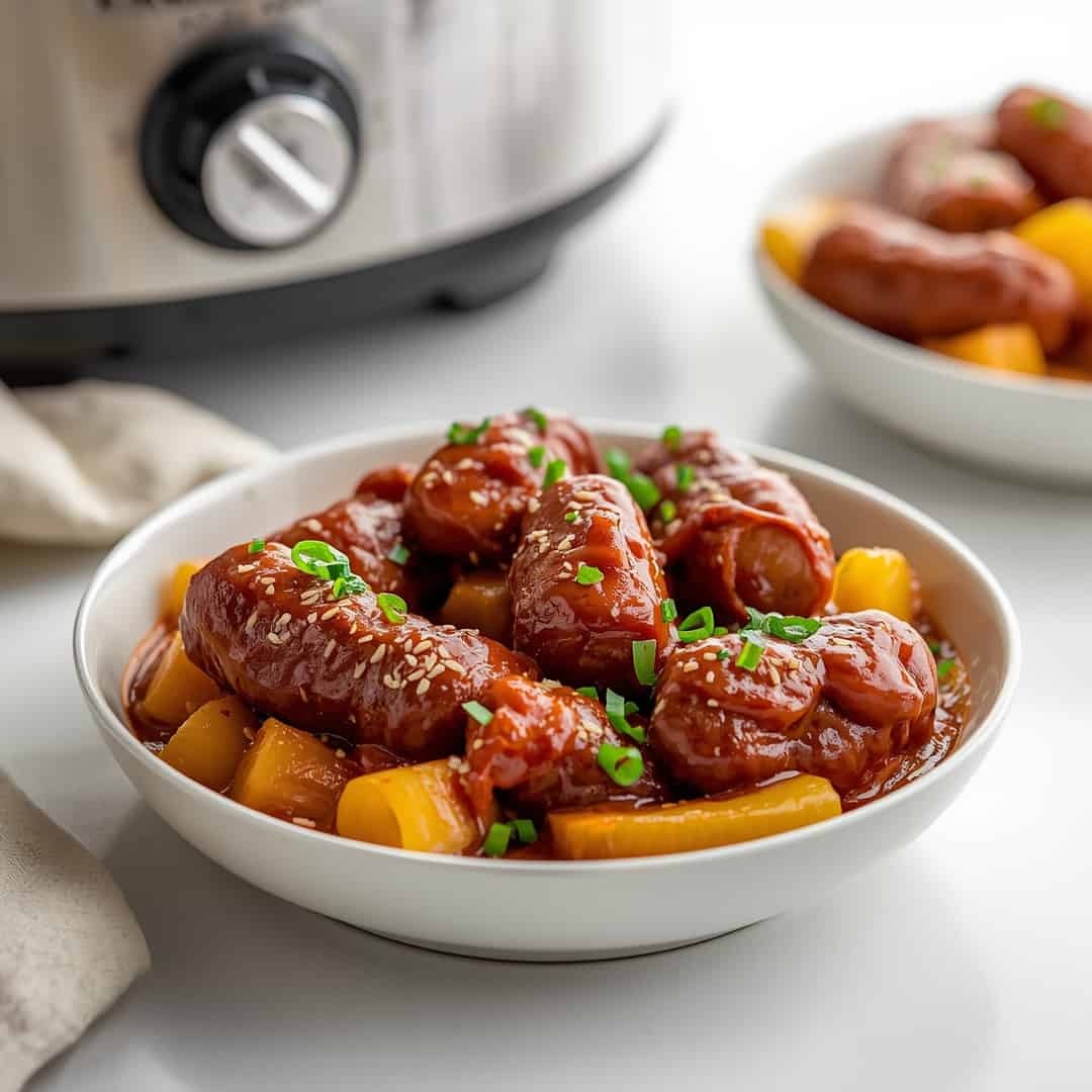 Crockpot BBQ Little Smokies - beautifully cooked texture with balanced colors and appetizing finish with cracked black pepper and olive oil