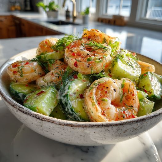 Cucumber Shrimp Salad - delicate fresh leaves tossed with vibrant seasonal toppings with a light drizzle of vinaigrette