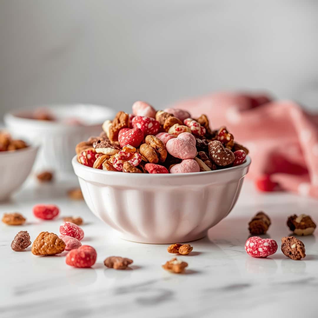 Cupid Crunch Valentine's Day Trail Mix - beautifully cooked texture with balanced colors and appetizing finish with cracked black pepper and olive oil