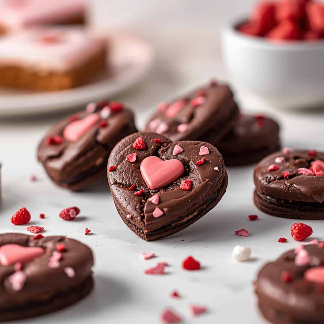 Dark Chocolate Valentine's Day Shortbread Cookies - delicate flaky crust with warm caramelized edges with fresh garden berries and mint