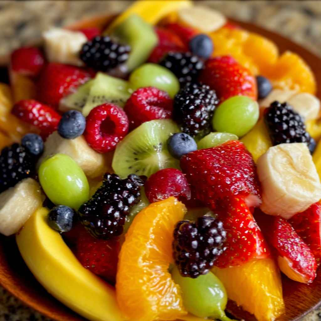 Delicious Brunch Fruit Salad - colorful crunchy medley with radiant fresh textures with toasted seeds and crumbled cheese