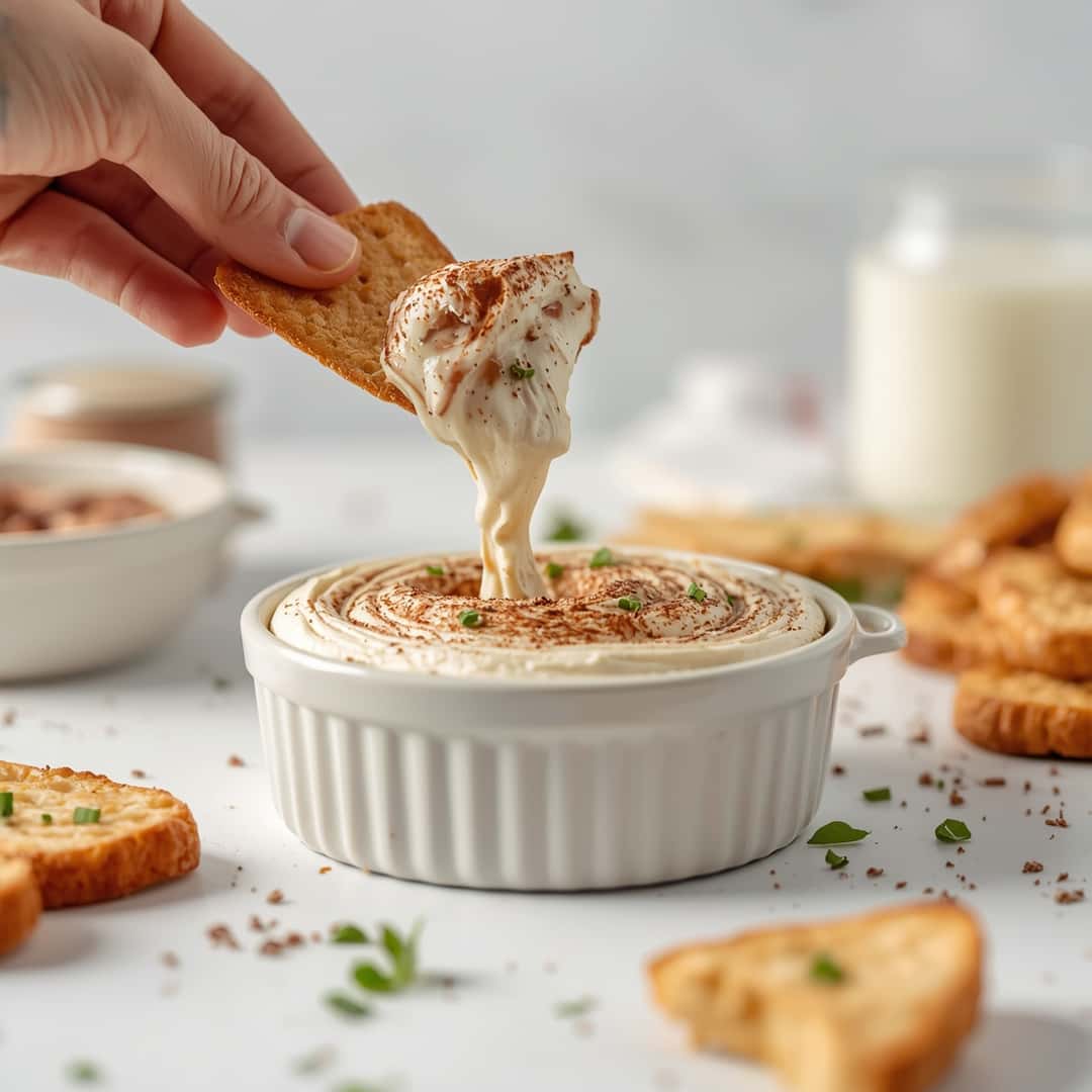 Delicious Cinnamon Roll Dip - smooth creamy dipping consistency with baked bubbly top with chopped parsley and grated cheese