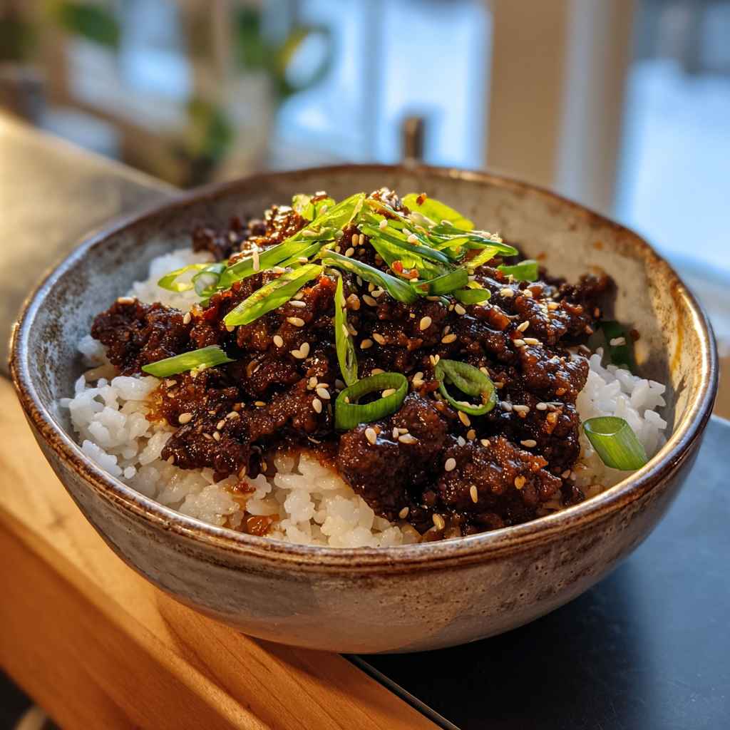 Delicious Korean Ground Beef Bowl (Quick & Easy) - colorful crunchy medley with radiant fresh textures with a light drizzle of vinaigrette