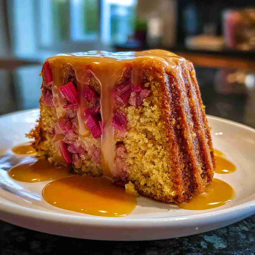 Delicious Rhubarb Cake with Butter Sauce - delicate flaky crust with warm caramelized edges with fresh garden berries and mint