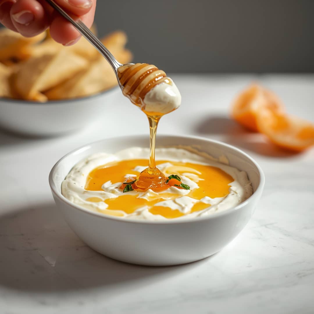 Delicious Ricotta Dip Hot Honey - smooth creamy dipping consistency with baked bubbly top with chopped parsley and grated cheese