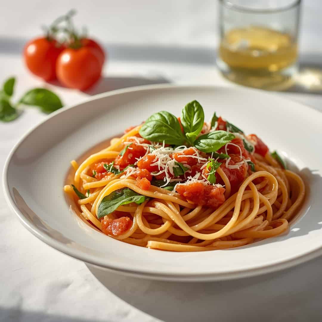 Delicious Spinach Tomato Pasta - golden baked melted cheese crust with saucy edges with freshly grated Parmigiano-Reggiano and torn basil