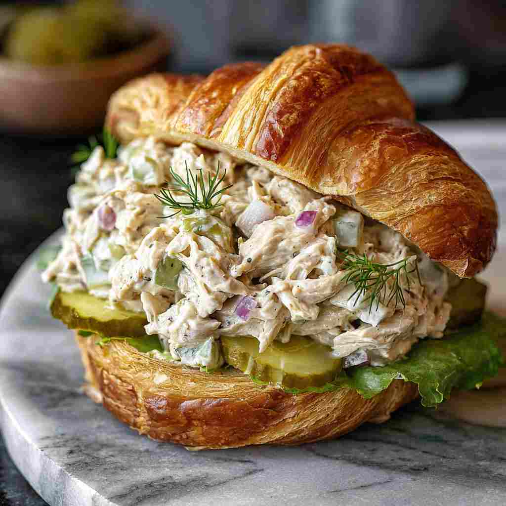 Dill Pickle Chicken Salad - delicate fresh leaves tossed with vibrant seasonal toppings with fresh cracked pepper and lemon wedges