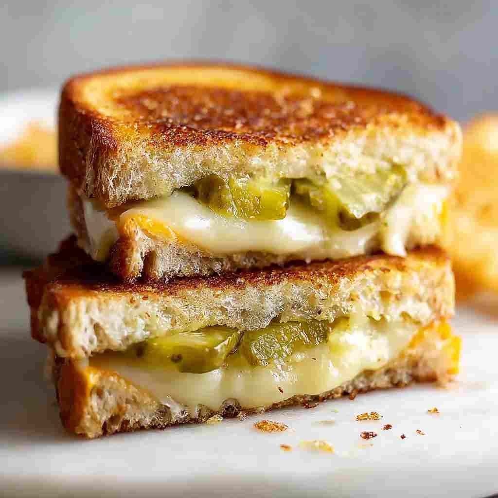 Dill Pickle Grilled Cheese - smooth creamy dipping consistency with baked bubbly top with chopped parsley and grated cheese