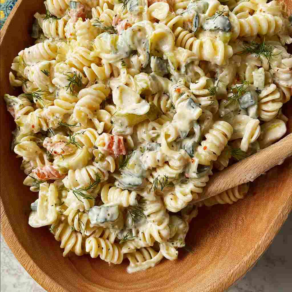 Dill Pickle Pasta Salad - colorful crunchy medley with radiant fresh textures with shaved radishes and fresh herbs
