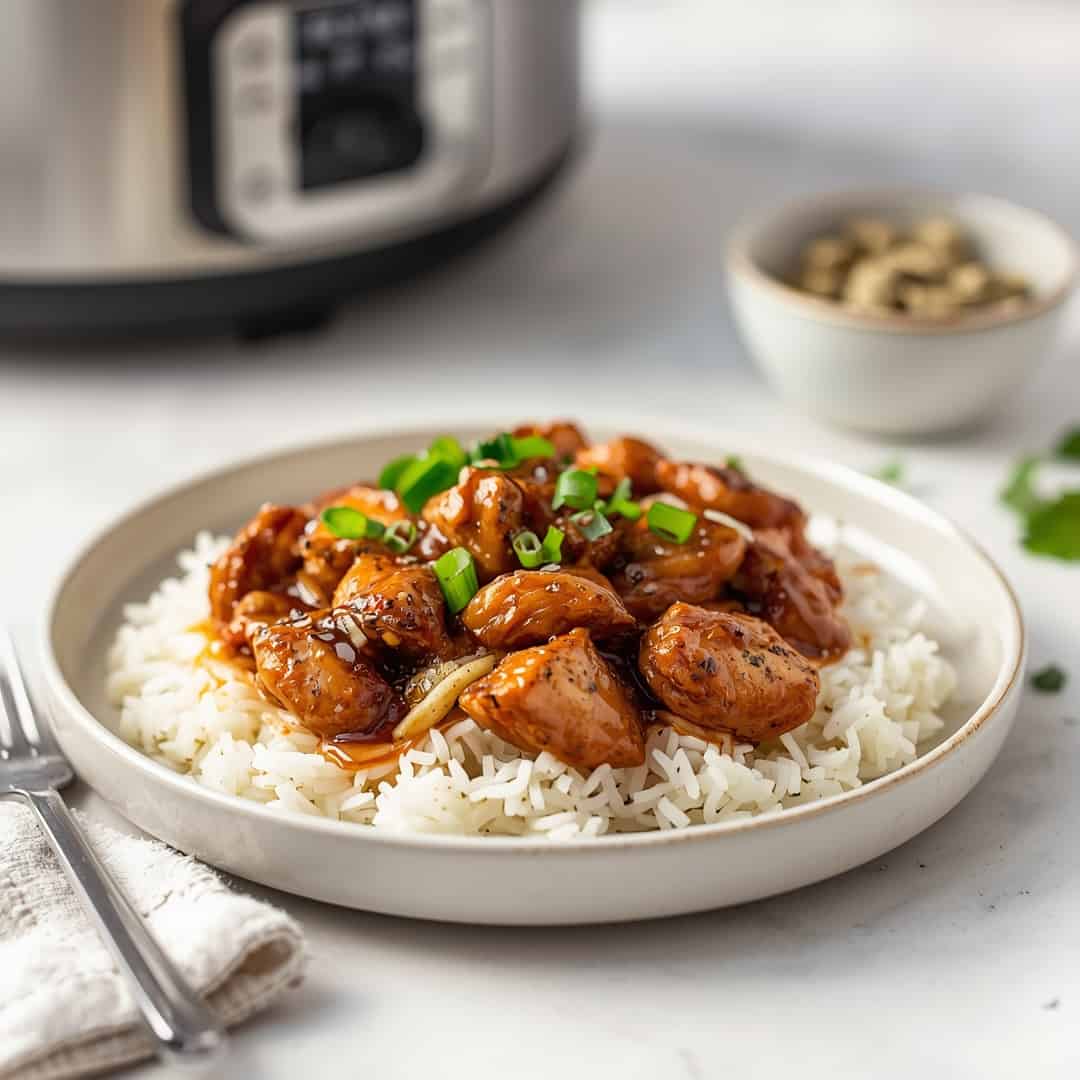 Dump Go Crockpot Teriyaki Chicken - tender with chopped chives and lemon slices
