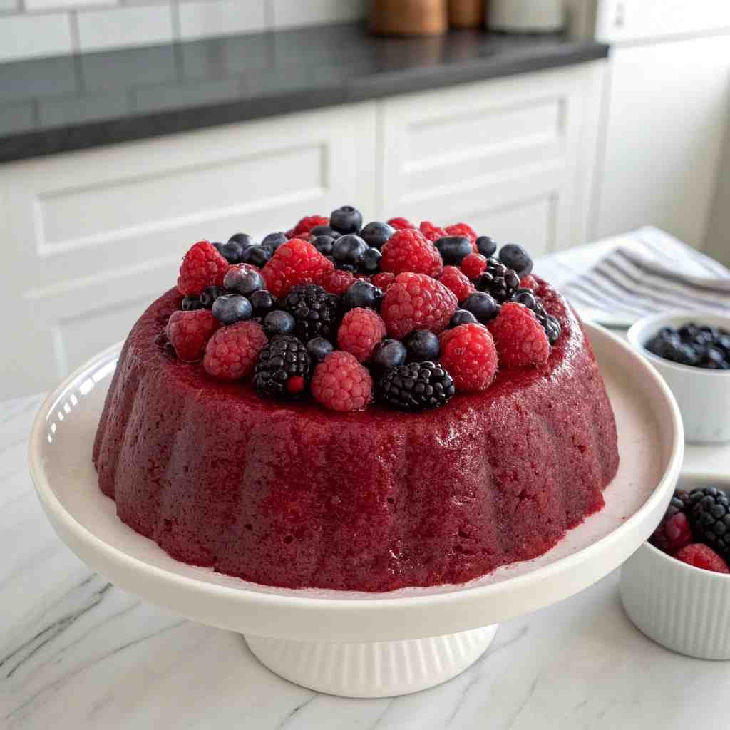 Easy British Summer Pudding - beautifully cooked texture with balanced colors and appetizing finish with cracked black pepper and olive oil
