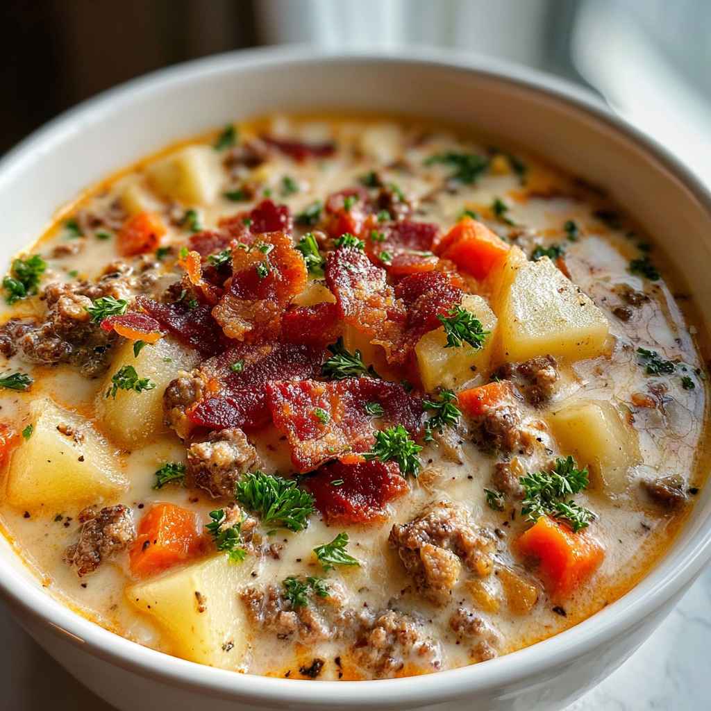 Easy Cheeseburger Soup Recipe - steaming with a swirl of cream and cracked black pepper